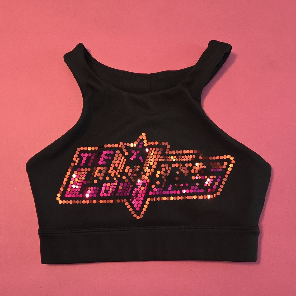GK Black, Pink And Orange Sports Bra with Graphic Design